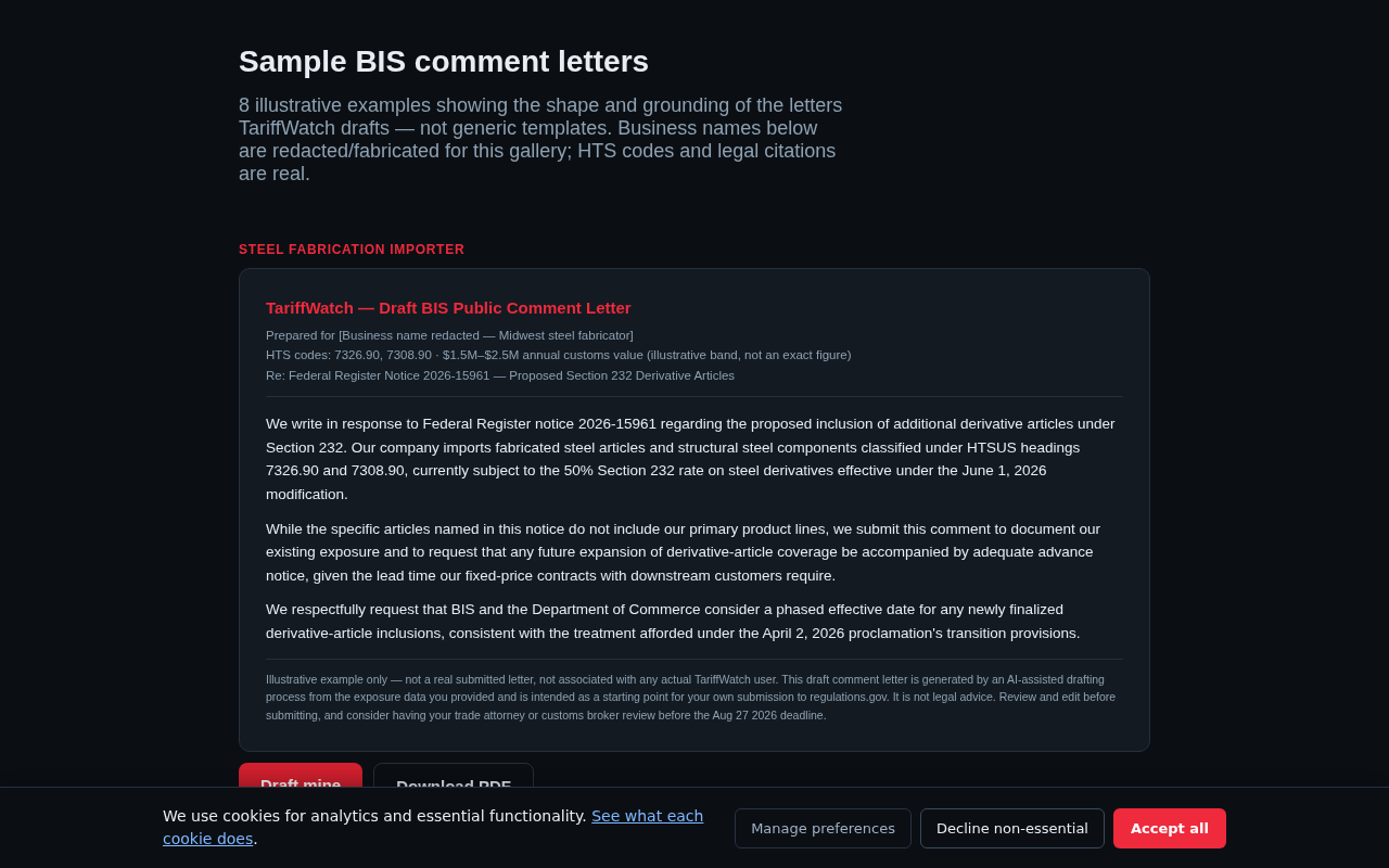 TariffWatch — Section 232, Section 301, and BIS proceeding tracking for SMB importers.
